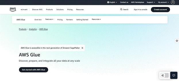 AWS Glue service for data discovery preparation and integration.