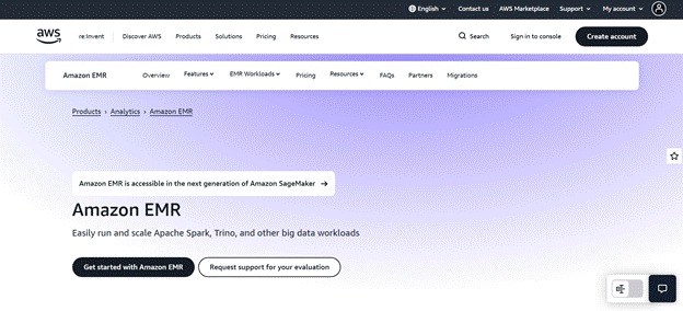 Amazon EMR service for running Apache Spark and big data workloads.