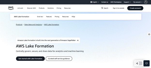 AWS Lake Formation service for building and securing data lakes.