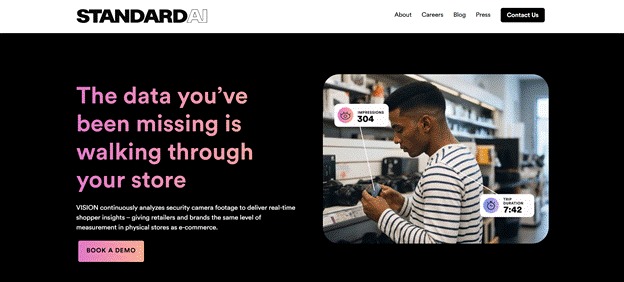 Standard AI showing shopper analytics using in-store video insights and detection metrics.