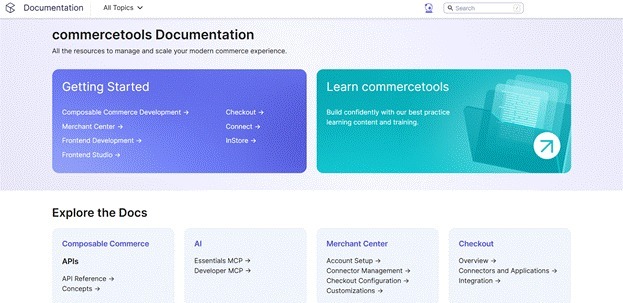 commercetools provides developer documentation for composable commerce architecture setup.
