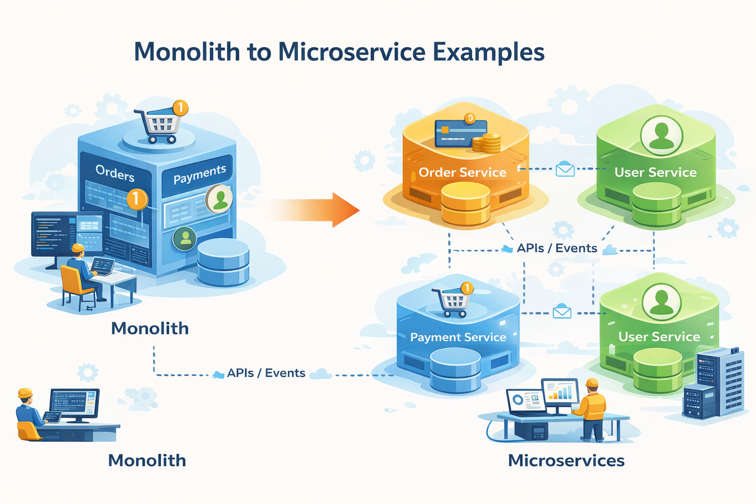 Monolith splitting into microservices with APIs and services.