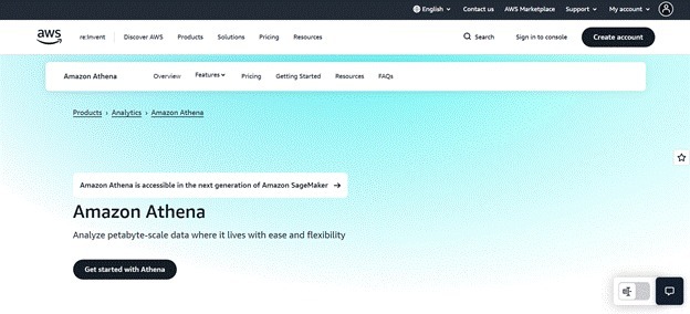 Amazon Athena service for analyzing large datasets in AWS.